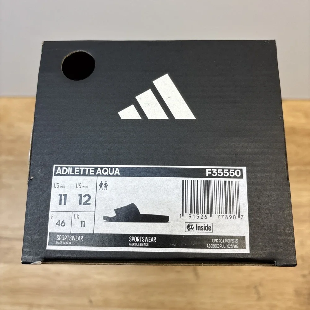 Adidas Adilette Aqua Slides 3 Stripe Black Mens Size 11 Womens 12 New In Box
